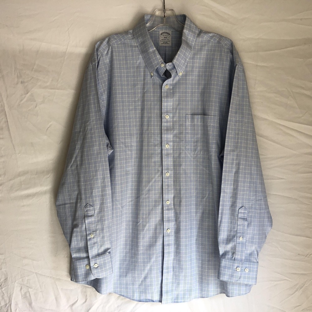 Brooks Brothers Shirt Mens 18 34/35 Blue Check 1818 Regent Non-Iron Cotton Dress